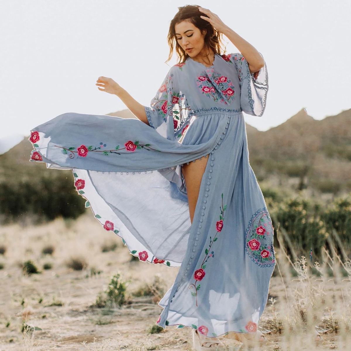 Jastie Boho Embroidered Dress O-Neck Batwing Sleeve Loose Women Dresses Casual Beach Maxi Dress 2022 Summer Dresses Vestido