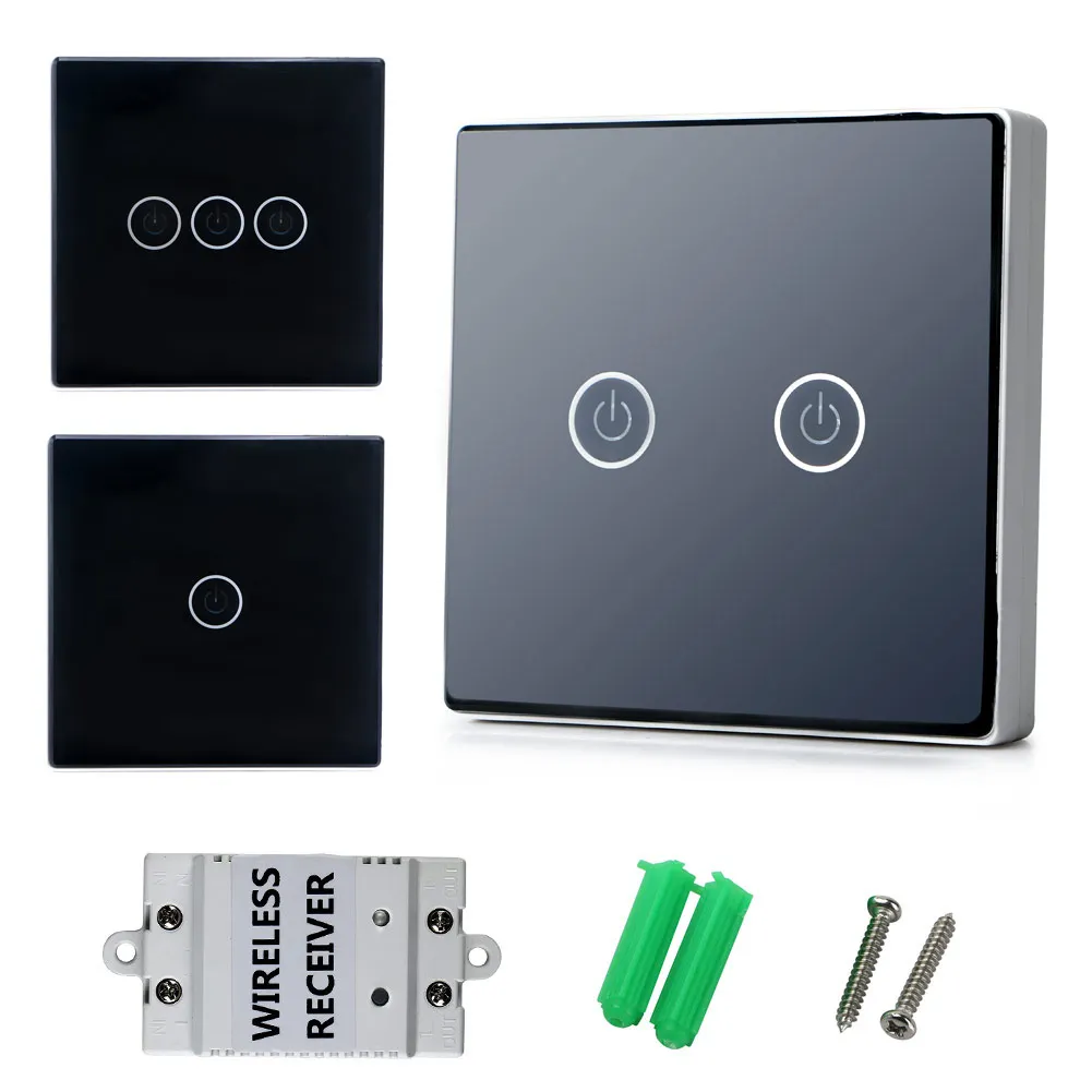 New Low Power Consumption Black AC100-240V Wireless Remote Control Touch Wall Lamp Light Switch Set W/Receiver For Hotel Office