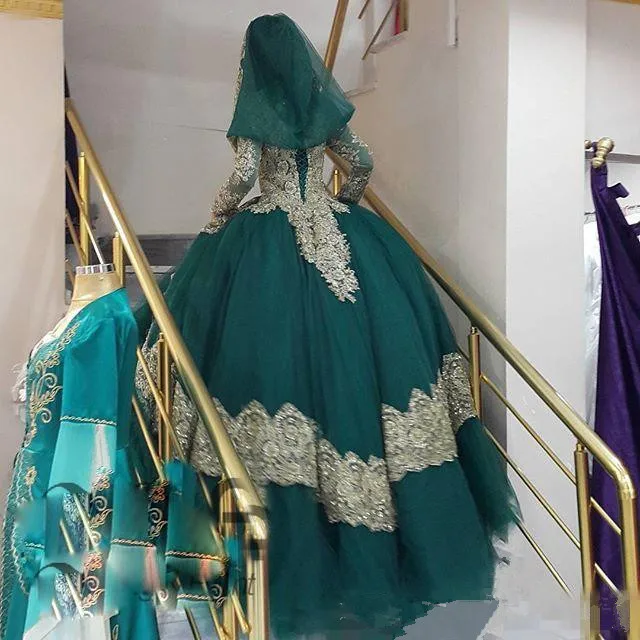 2020 muçulmano caçador vestido de baile vestidos de casamento com apliques de renda dourada mangas compridas com hijab plus size vestidos de casamento nupcial