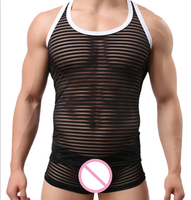 Vest+Boxer 2pcs Sexy Men Tank Tops Transparent Striped Singlet Undershirts Gay Male Exotic Sex Fetish Underwear Lingerie Set