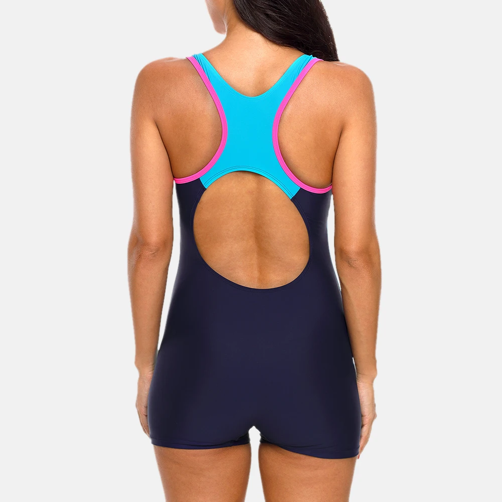 Attraco One Piece Women Sports Swimwear Sports Swimsuit Colorblock Swimwear Open Back Beach Wear Sports Bathing Suits