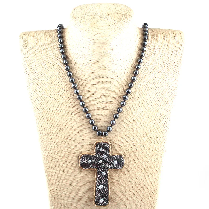 Fashion Bohemian Jewelry Faceted Hematite Stone Knotted Crystal Paved Pearl decoration Cross Pendant Necklaces