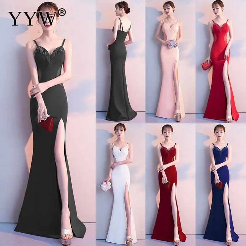 Elegant สีขาว V คอสายยาวชุดนางเงือกเซ็กซี่เอว Slim ชุดราตรียาว Slit ชุดปาร์ตี้คลับ