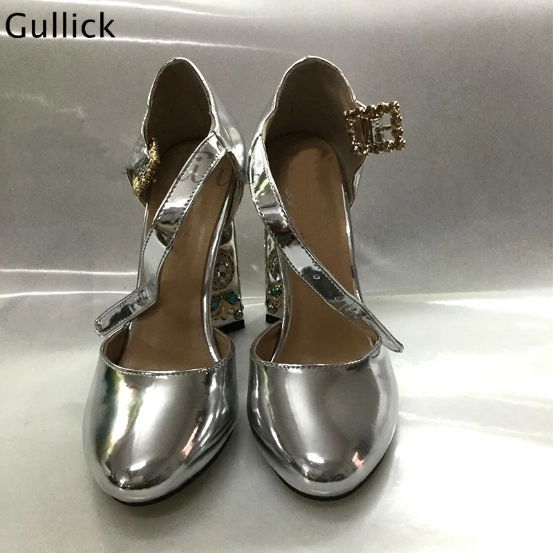 Gullick 2018 New Fashion Luxury Crystal Decor High Chunky Heels Women Golden Sliver Pumps Party Wedding Dress Shoes Sweet Style