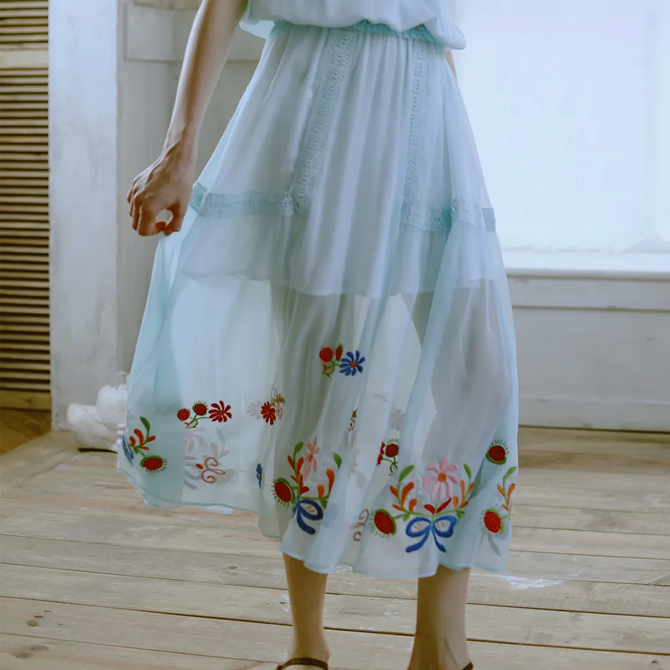 LYNETTE'S CHINOISERIE Summer Embroidery small anthocaulus water blue a-line skirt bust skirt