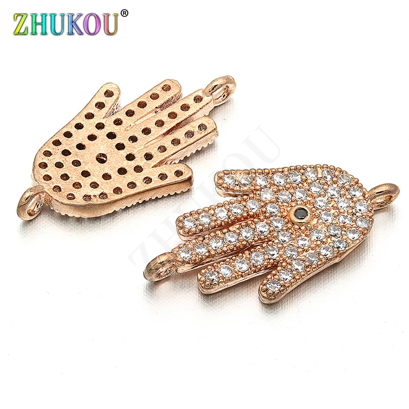 10*19mm High Quality Brass Cubic Zirconia Lucky Hamsa Hand Charms Connectors Diy Jewelry Findings, Hole: 0.9mm, Model: VS31