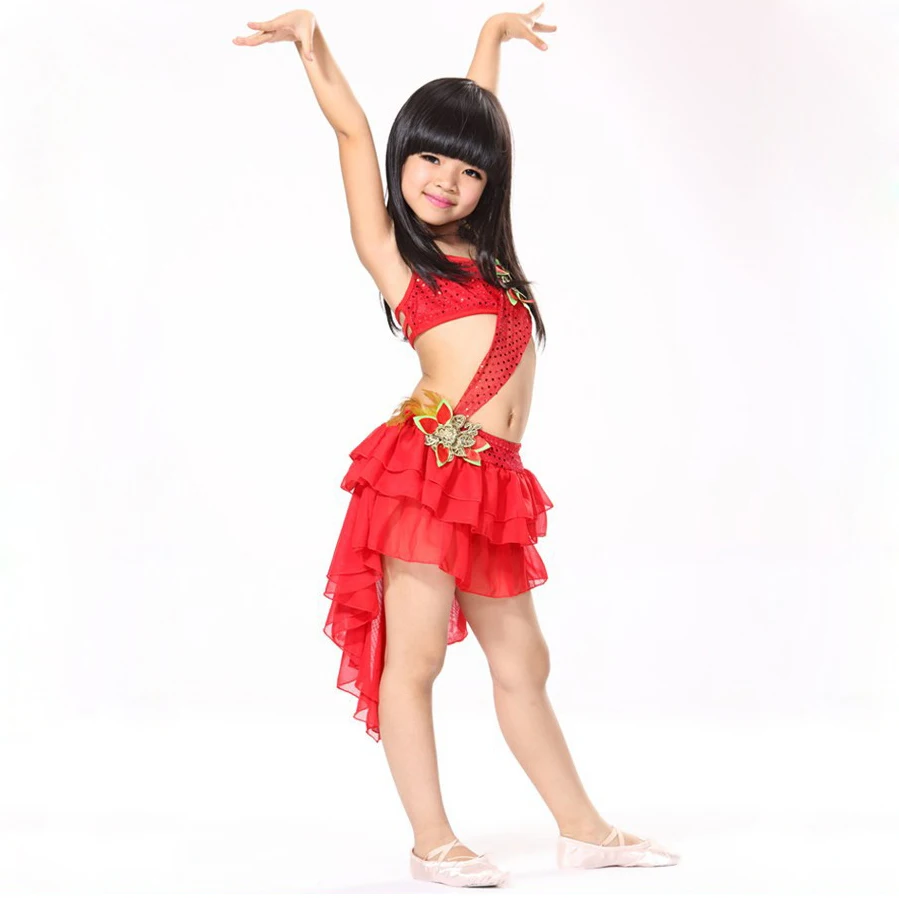 4 Colors Kids Costume 6-15 Years Mermaid Tail Tassel Skirt Backless Top with Sequin Arm Sleeves Latin Dance Dress for Girls