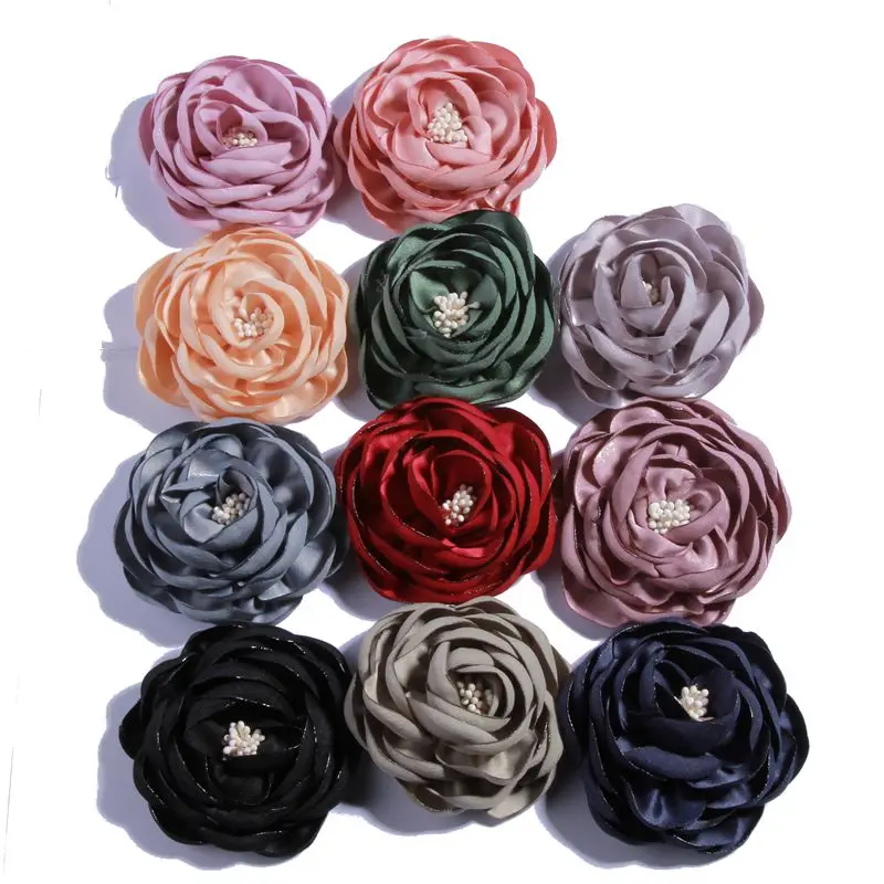 

50PCS 7CM Vintage 3D Singed Satin Flower with Stamen Women Corsage Flower Girl Headband Hat Dress Accessories