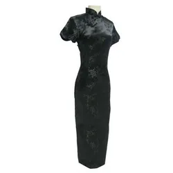 Black Chinese Traditional Dress Sexy Women Satin Qipao Long Cheongsam Flower Size S M L XL XXL XXXL 4XL 5XL 6XL LG04