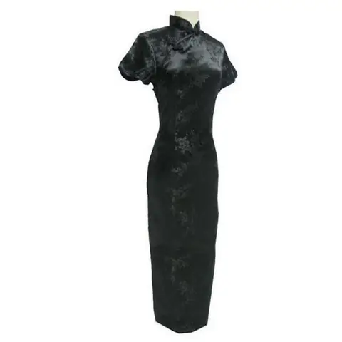 검은 중국어 번체 드레스 섹시한 여성 새틴 Qipao 긴 치파오 꽃 크기 S M L XL XXL XXXL 4XL 5XL 6XL LG04
