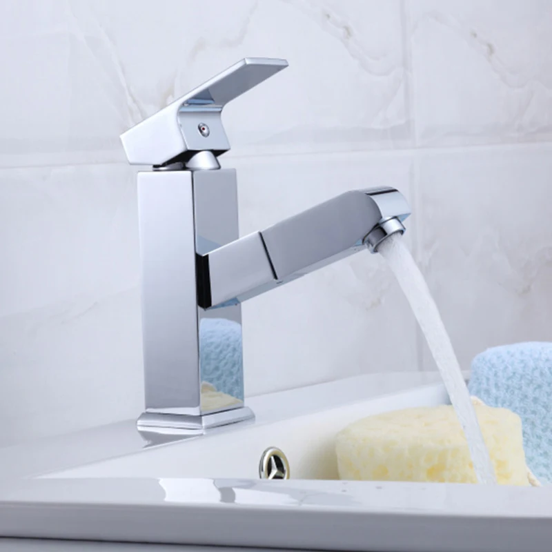 Chrome Brass Basin Faucets Single Holder Single Hole Deck Mounted Hot Cold Water 2 Functions Pull Out Tap