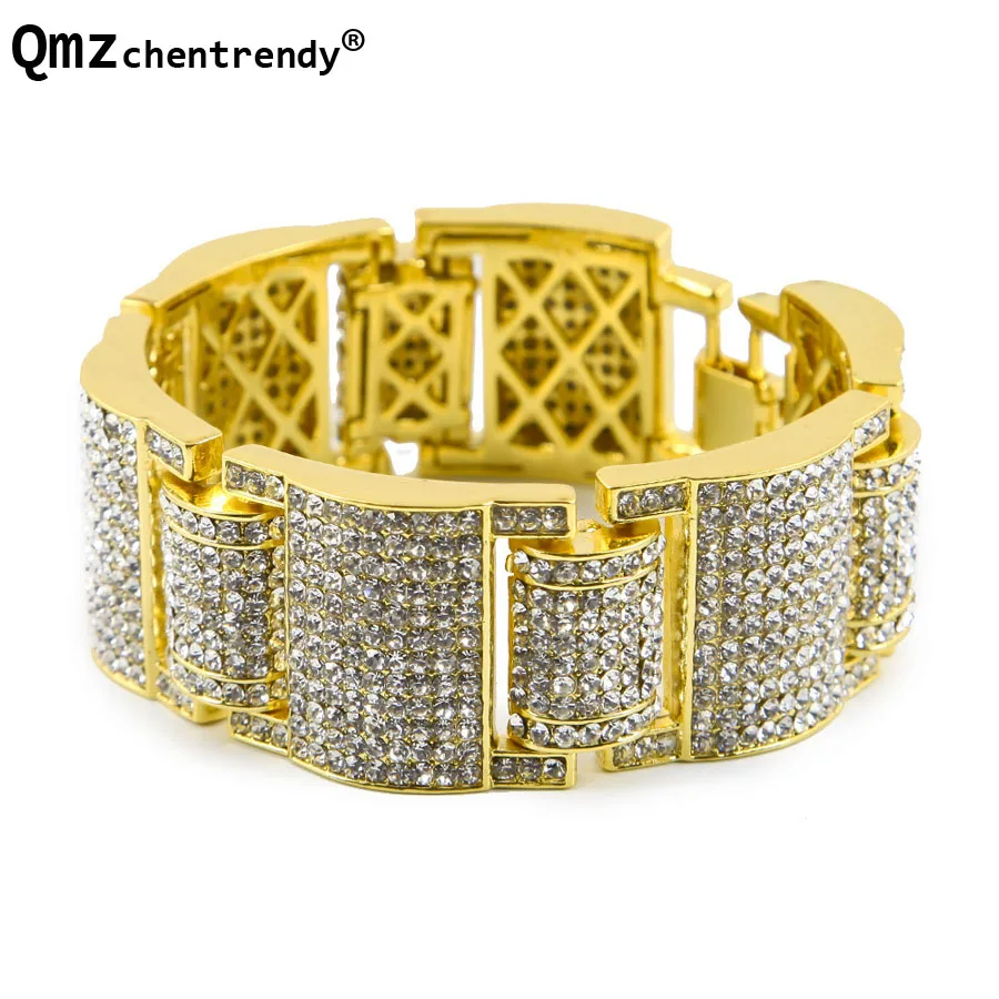 Men Women Hip hop Wide I Square Cross Shape Rhinestone Bracelet Bangle Bling Imitation Stone Chains Link Wristbands Fine Jewelry