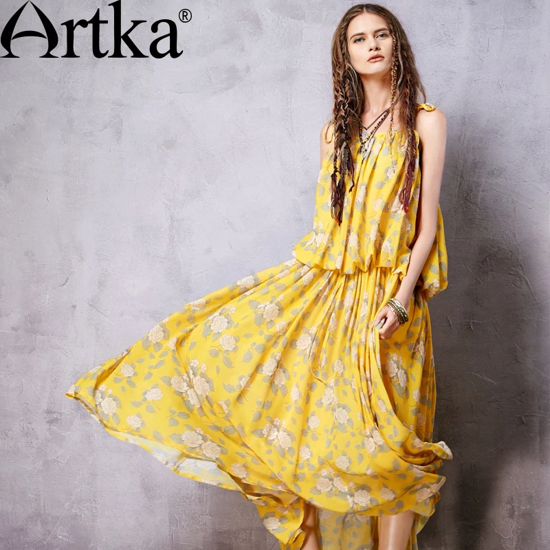 ARTKA Women's New Summer Vintage Print Sleeveless Off the Shoulder Strapless Floor-Length Chiffon Dress LA15068X