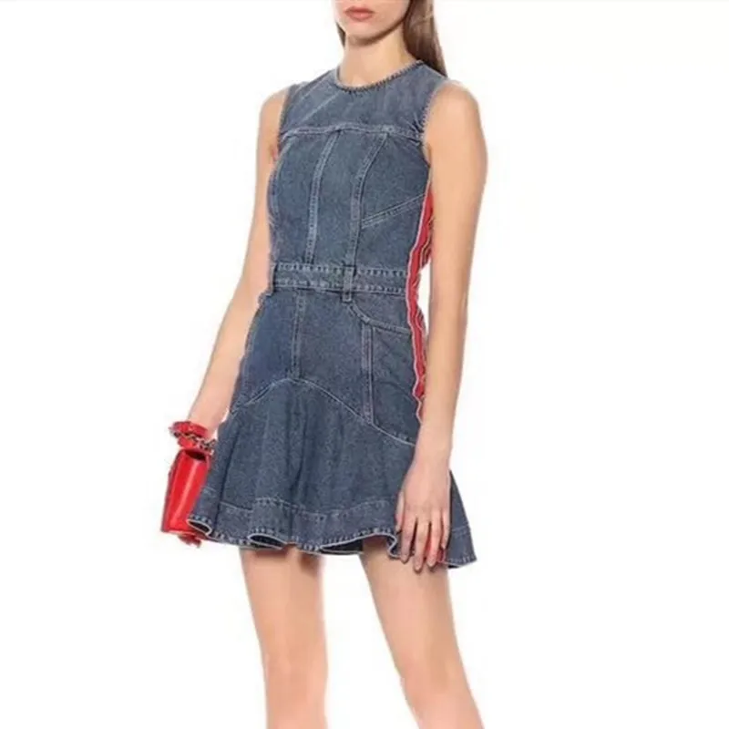 Ruffles Blue Belt Denim Dress 2019 Summer Women Sexy Sleeveless Jeans Short Club Dress Weave Striped Zipper Pocket Mini Dress