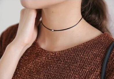 N124 Silver Beads Choker Necklace,Punk Thin Black Rope Metal Bead Short Black Necklaces