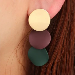 Three-layers Round Piece Pendants Hanging  Earrings for Women Blue Green Color Metal Drop Earrings European Exaggerated Jewelry
