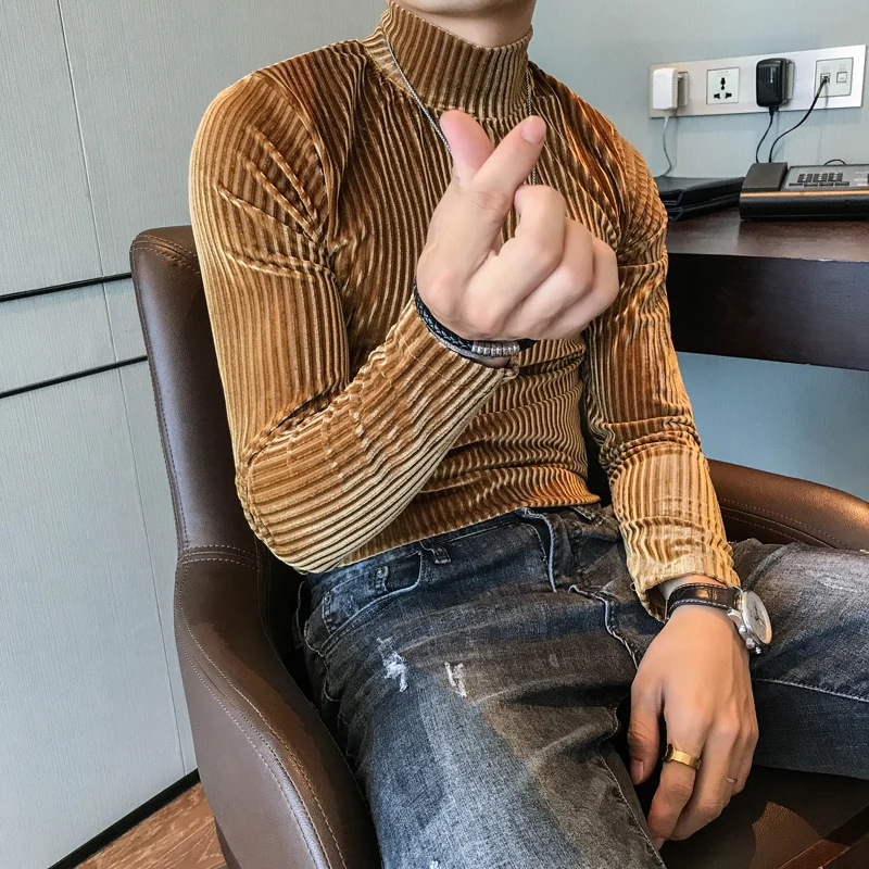 Velours Homme 2019 Autumn Heren Velvet T shirt Green Turtleneck Khaki T Shirts Mens Stripe T-shirts Slim Fit Mens T Shirt Retro image 4