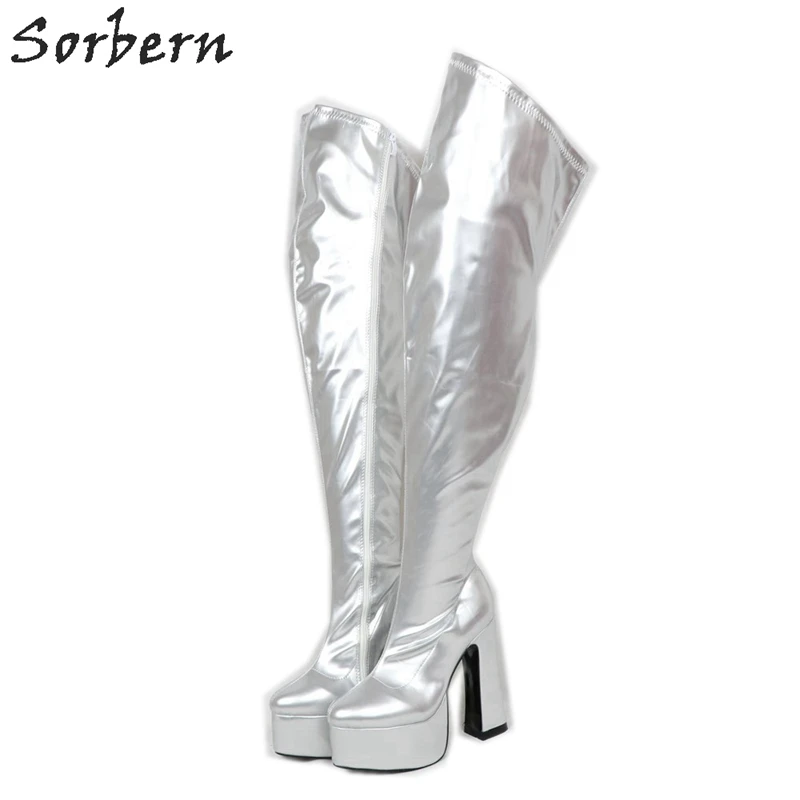 

Sorbern Irregular Boots Women Mid Thigh High Block Heeled Shoes Silver Platform Heels Chunky Thick Sole Boots For Crossdresser