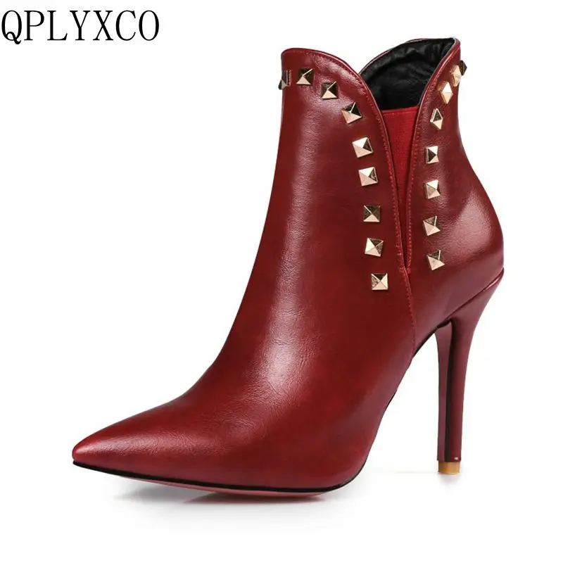 QPLYXCO 2017 New Sale Big size 34-47 ankle boot short Autumn winter Sexy Women Pointed Toe high heels Wedding Party shoes 584