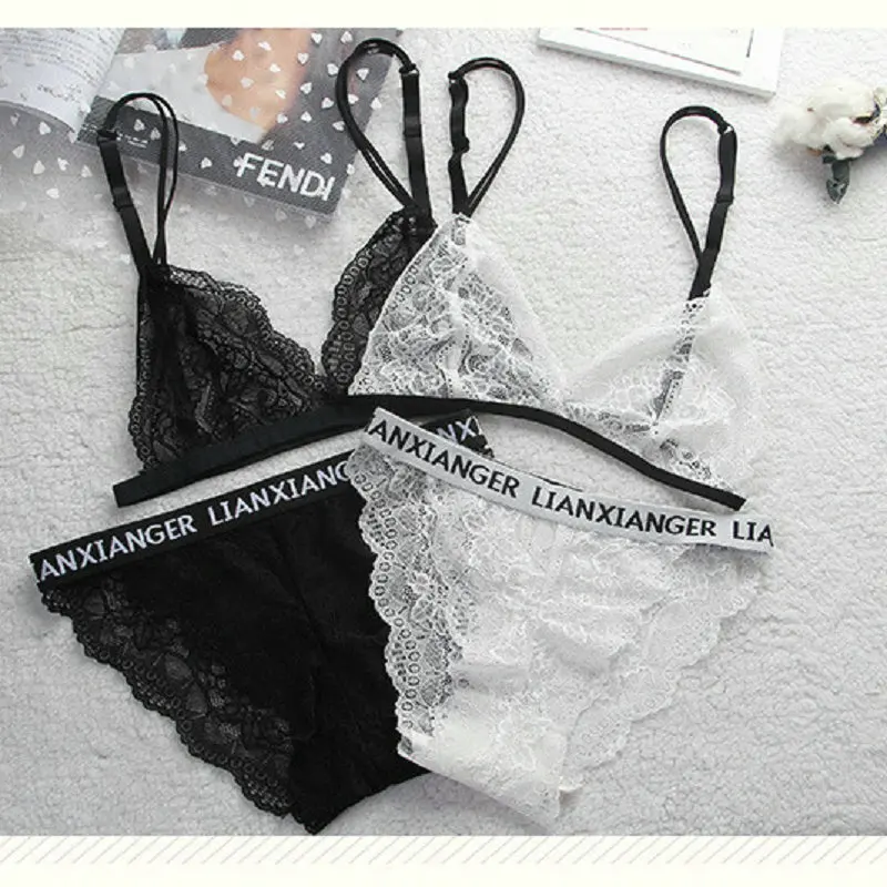 Women Letter Lounge Underwear Comfortable Wireless Loungewear Lingerie Bra Set Black and White Cotton Bras Sets