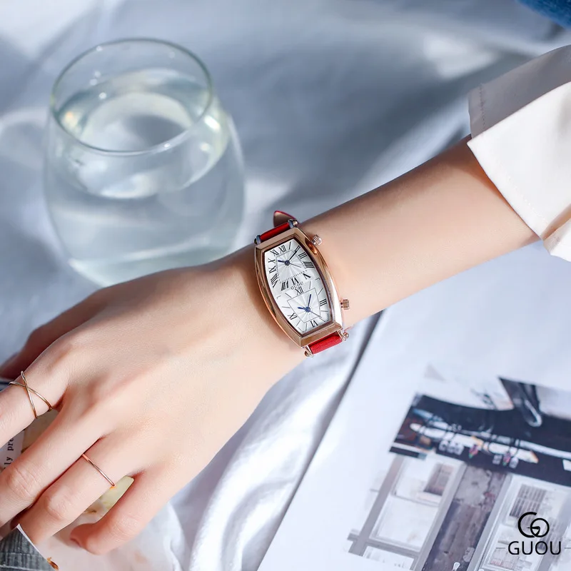 2019 Female Watch Wine Barrel Irregular Double-core Double-dial Leisure style  ladies lether watchband Quartz Watch g8090