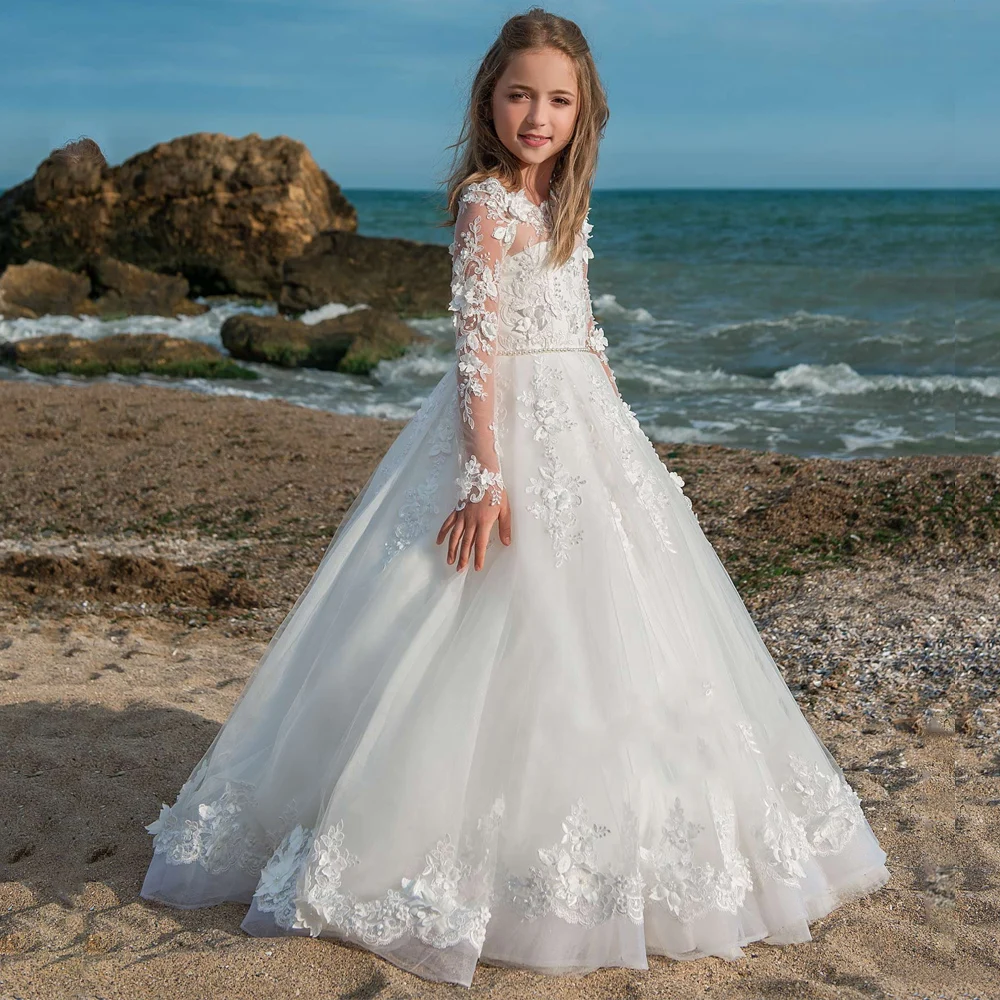 Robe de Princesse à Fleurs pour Fille, Tenue de Première Communion, à Manches sulf, avec Ceinture en Perles, Nouvelle Collection