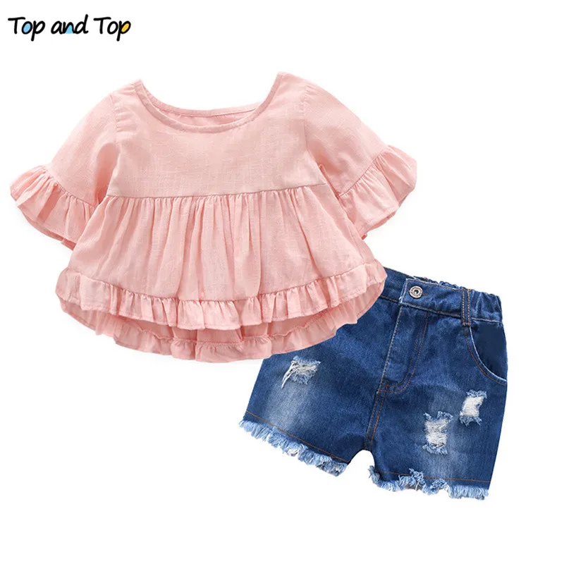 

Top and Top Summer Fashion Kids Girls Clothing Set Dress Cotton Petal Sleeve T-shirt+Denim Shorts Girl Princess Casual Clothes