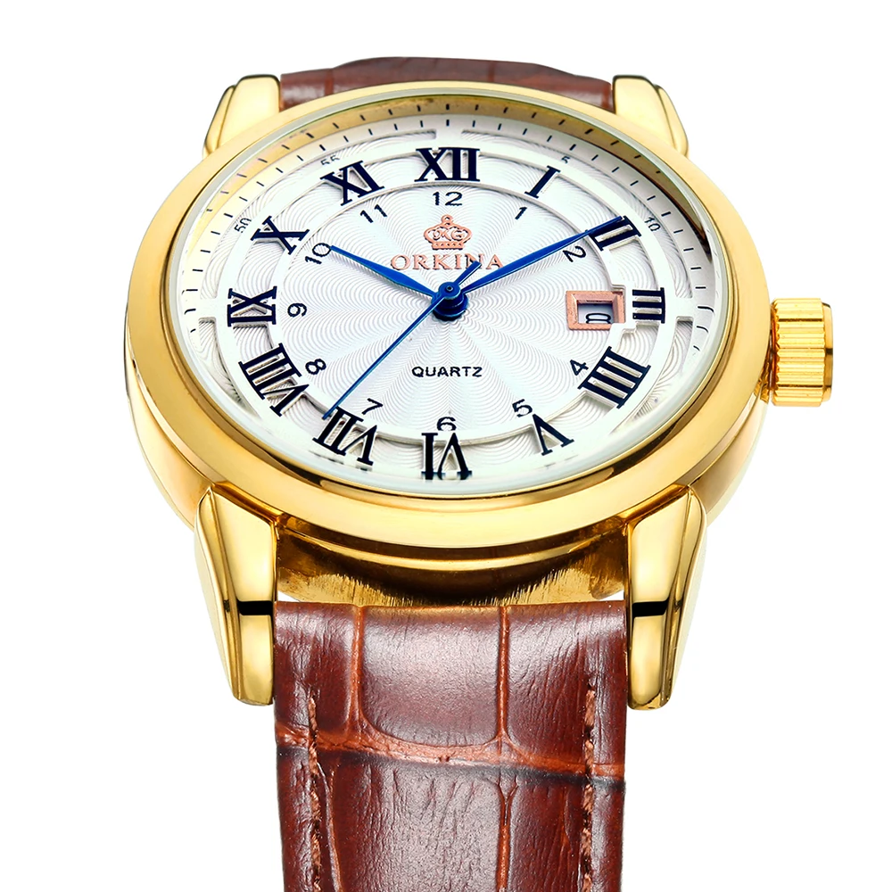 ORKINA Reloj Hombre Leather Strap Golden Watch Men Miyota Quartz Movement erkek kol saati Quartz-watch Relogio Masculino