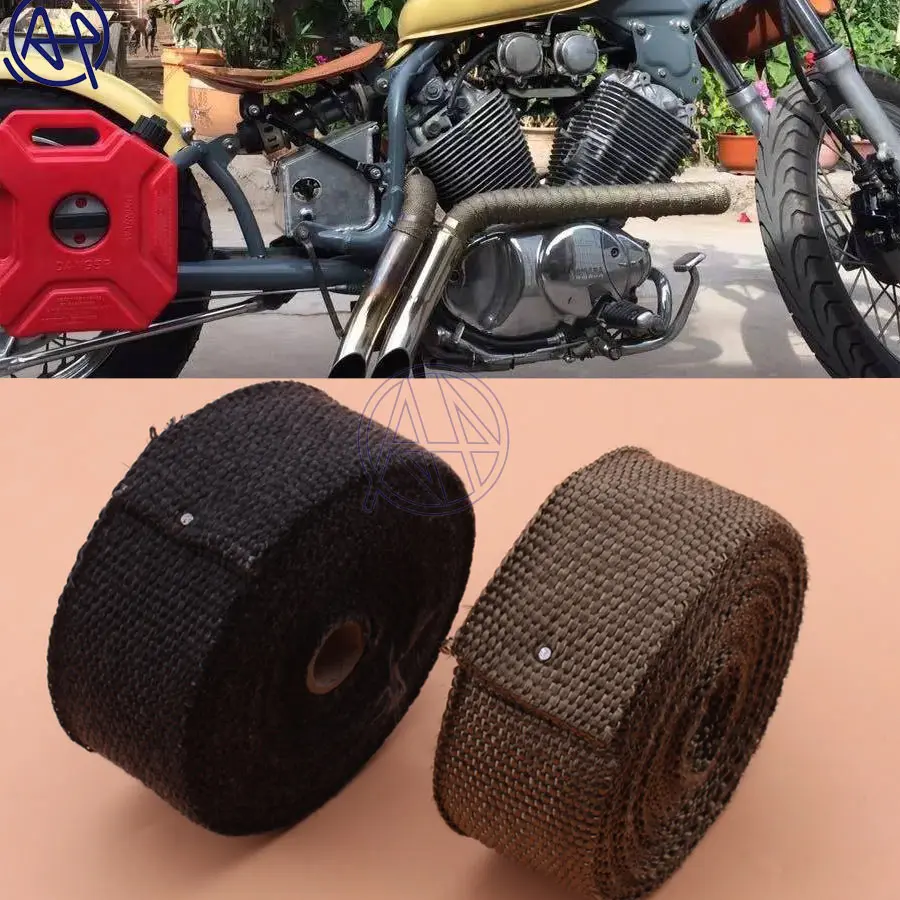 for Car Motorcycle Black/Brown Exhaust Pipe Wrap Heat Header Wrap Manifold Downpipe Insulation Thermal Tape Roll 2