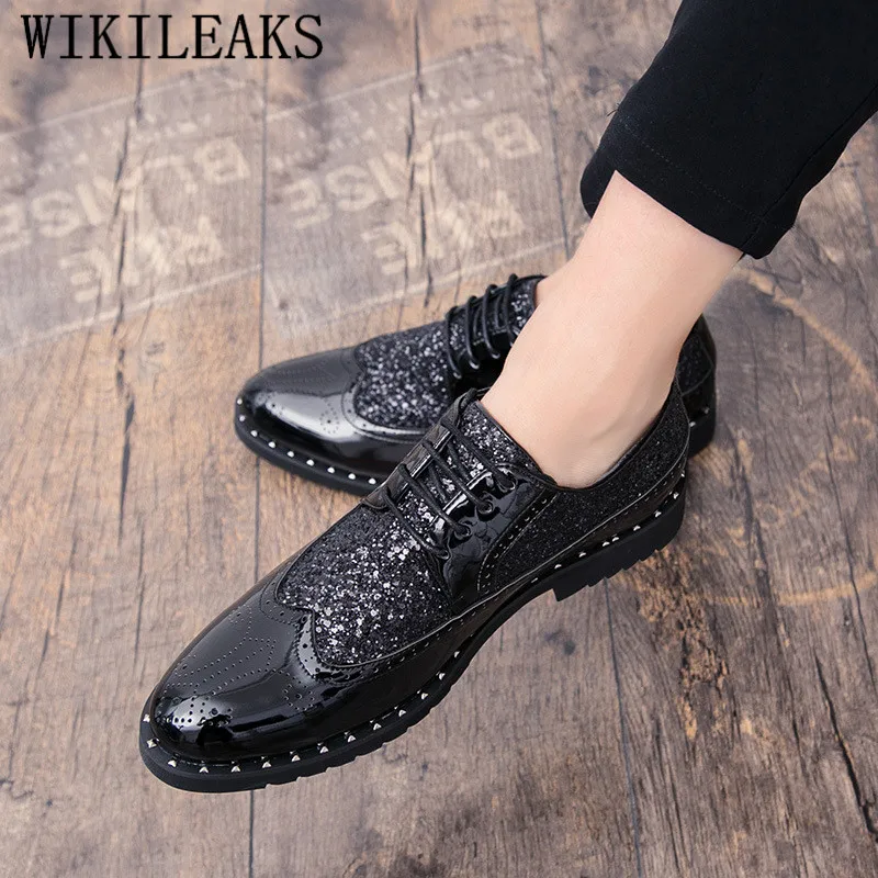 New Luxury Brand Coiffeur Gold Brogue Oxford Shoes For Men Italian Formal Wedding Dress Footwear Male Patent Leather Bling Shoes