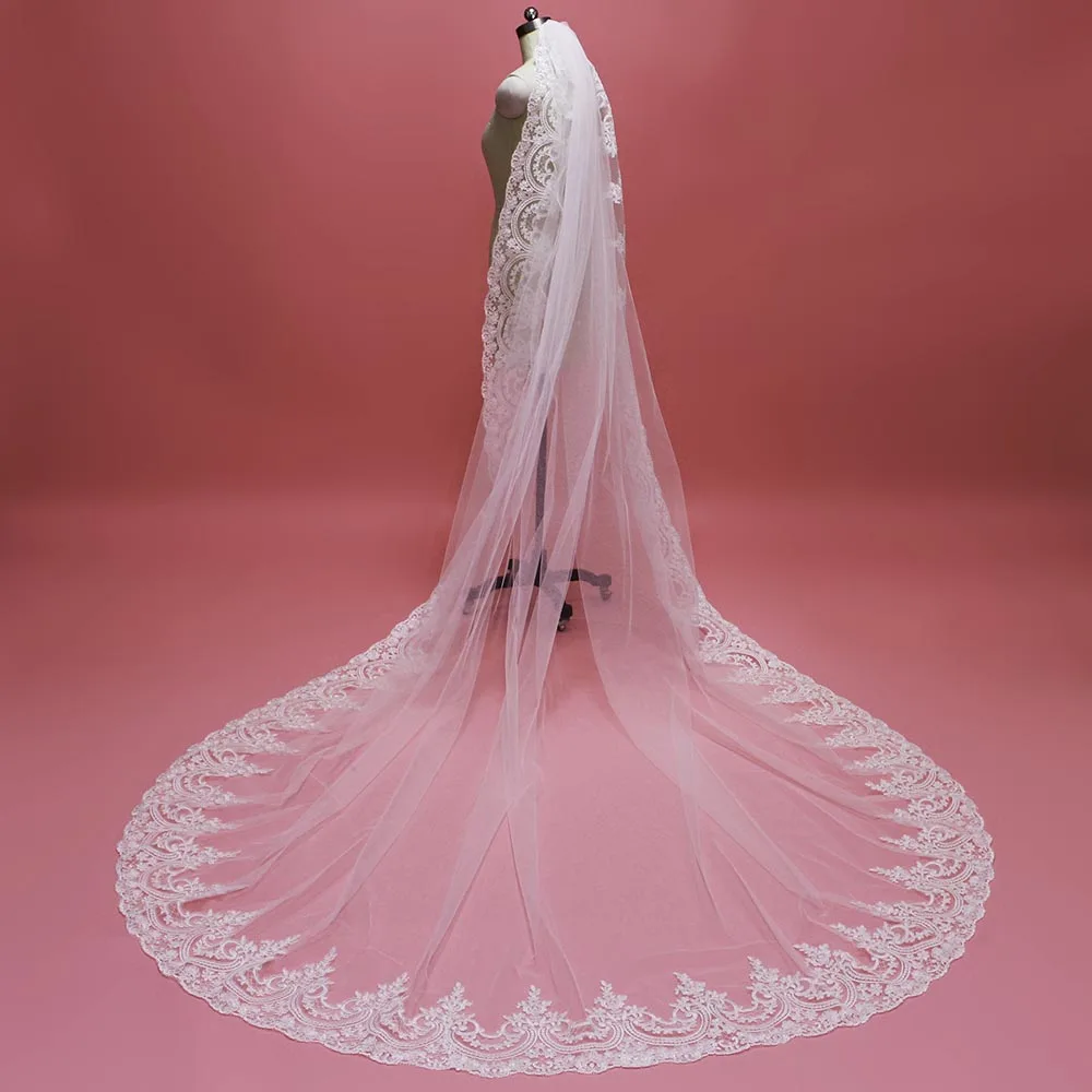 Neue Ankunft Mantilla Spitze Lange Hochzeit Schleier mit Kamm 3 Meter Kathedrale Eine Schicht Braut Schleier Veu De Noiva