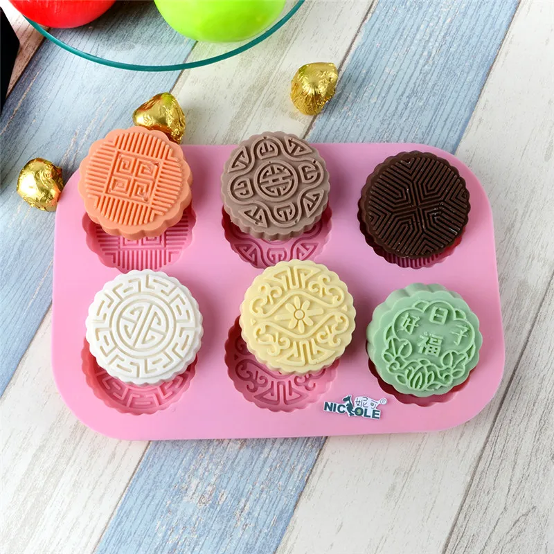 6 Holes Silicone Soap Mold Round Moon Cake Chocolate Candy Making Mould