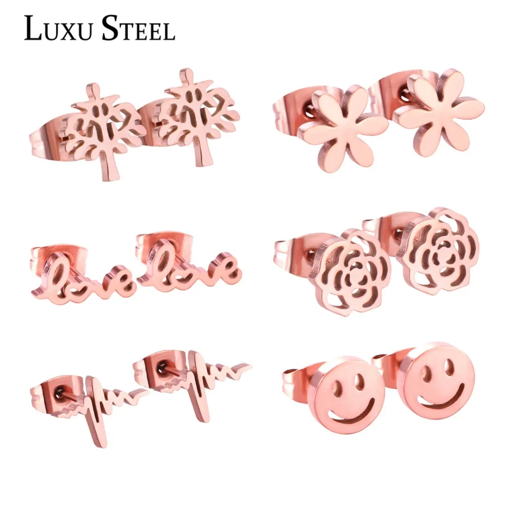 LUXUSTEEL Christmas Stud Earrings Stainless Steel Rose Gold Color Tree/Flower/Smile/Love/Beat Linghting 6Pairs/Boxes Earring Set