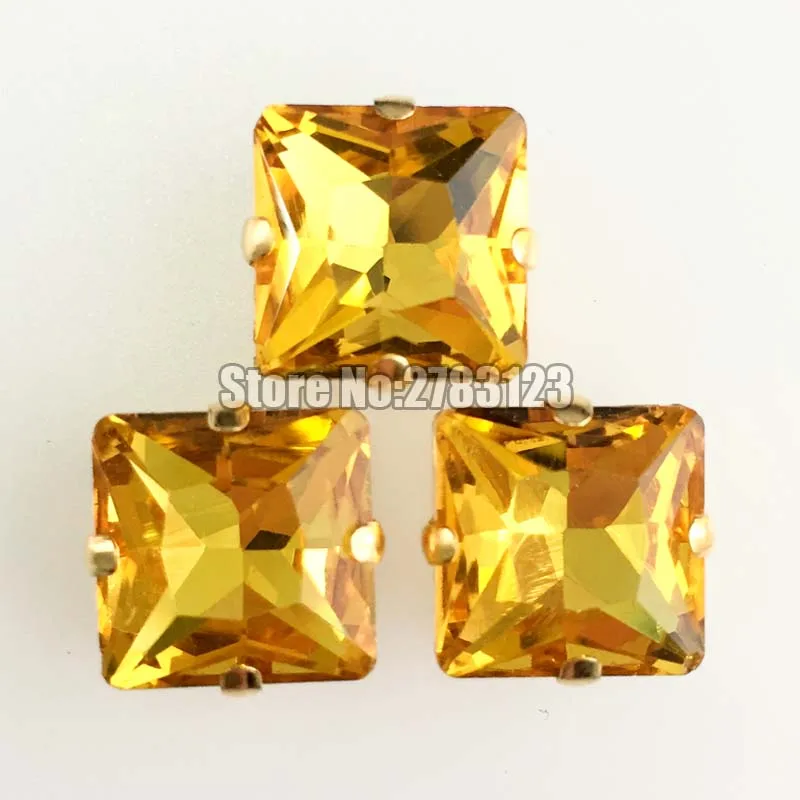 

12mm 14mm 20pcs golden yellow Gold bottom Square shape flatback Glass Crystal sew on claw rhinestones,diy lothing accessories