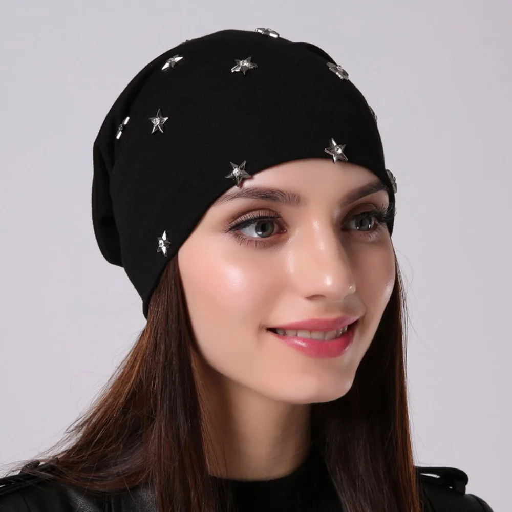 Geebro Women\'s Beanie Hat Spring Casual Polyester Star Rhinestones Slouchy Beanie for Women Autumn Thin Cotton Female Skullies