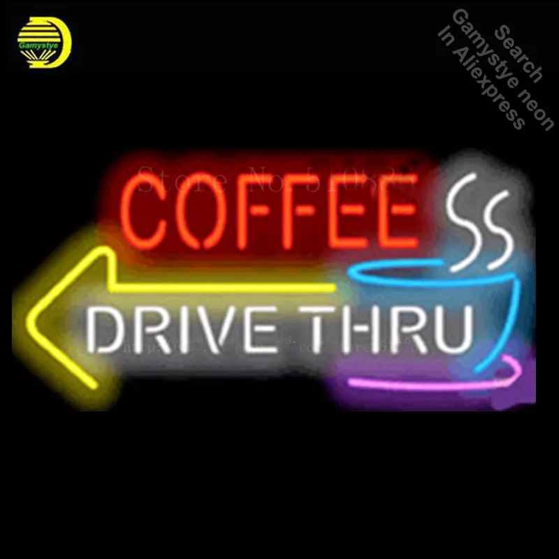 

Neon Sign For Coffee Drive Thru with Left Arrow Glass Tube Display Light Lamp Bar Beer Decor Bulb Room Deco Arcade Signs Outdoor