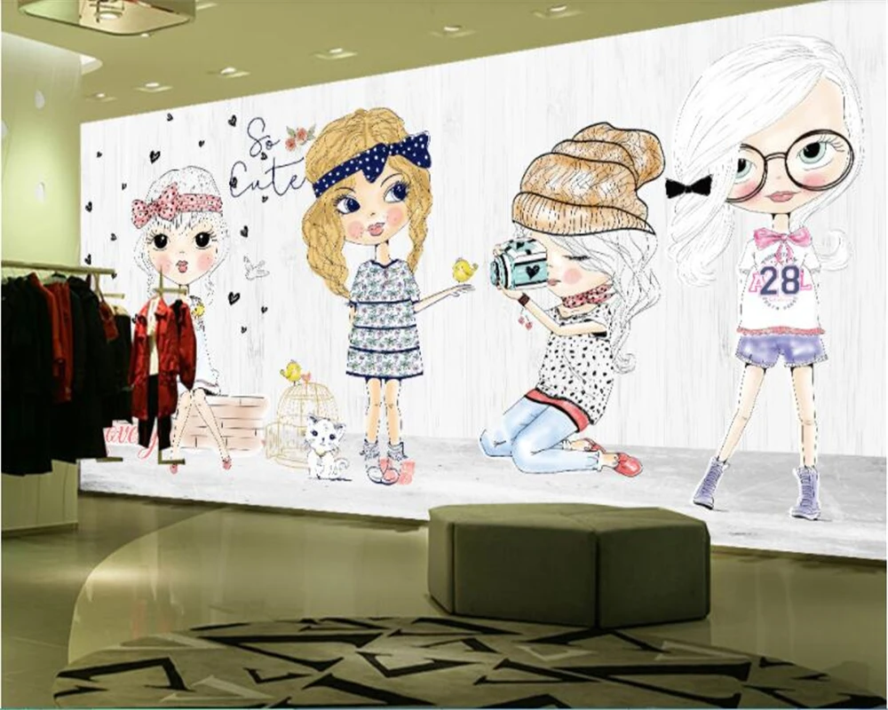 

Beibehang papel pintado pared модная девушка ручная роспись мультфильм магазин фон стены papel de parede обои bebang tapety