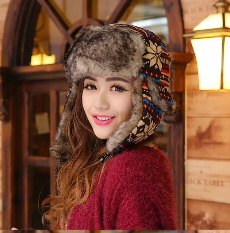 Woman Russian Women Winter Hats Keep Warm Knitting Hat Fur Earmuff Thick Snow Cap Outdoor Ski Cap Women Bomber Hats