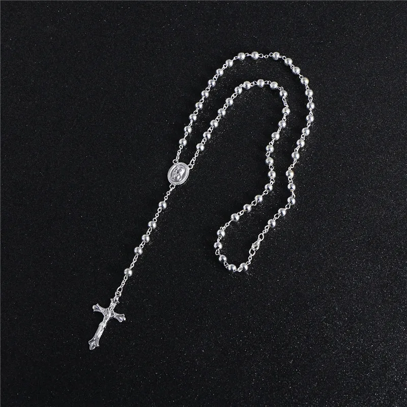 KOMi New Fashion CCB Bead Handmade Cross Pendant Long Necklace Silver Color Vintage Rosary Religion Jewelry Gift R-111