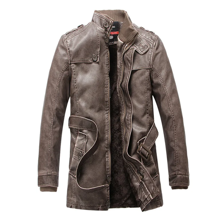 Mens Trench 2023 New Winter PU Jacket Men Leather motorcycle Thicken long trench coat Jackets Outerwear Male Warm Overcoat