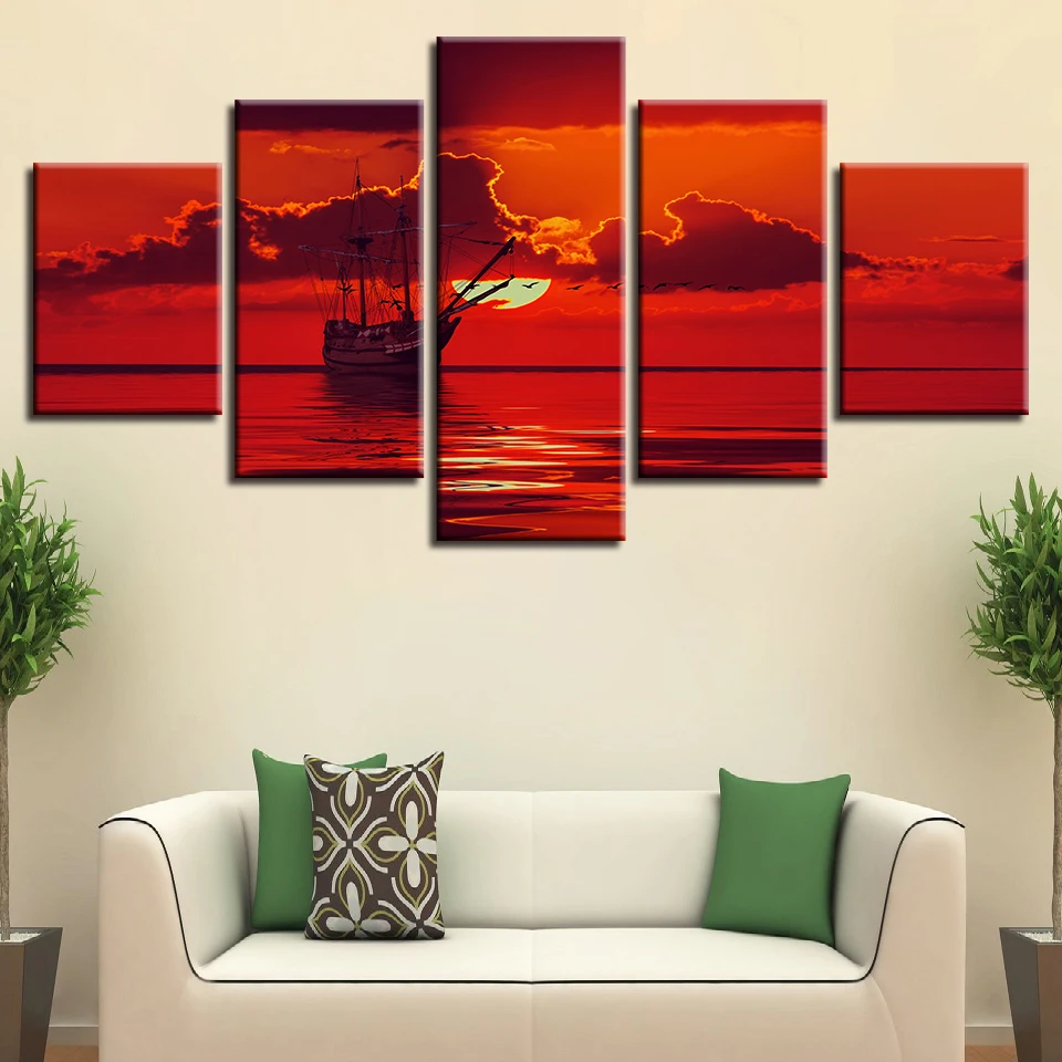 

Living Room Decor Wall Art Frame HD Printed 5 Pieces Ship Cloud And Red Sky Sun Seascape Modular Canvas Paintings Poster Picture