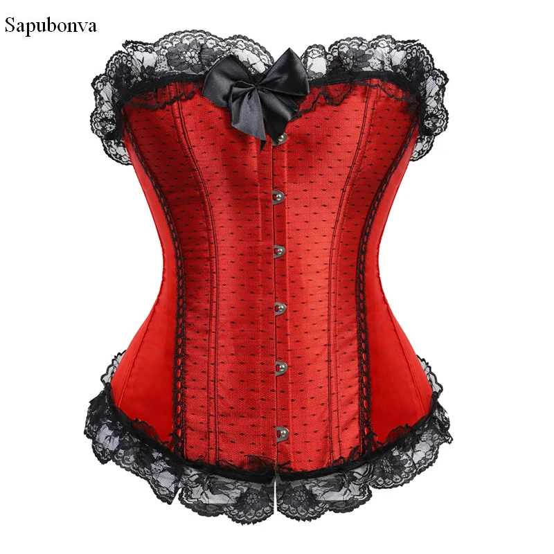 Sapubonva Pink Corset Top Bustier with Lace Up Trim Satin Overbust Costumes Ladies Shaper Victorian Floral Princess Red