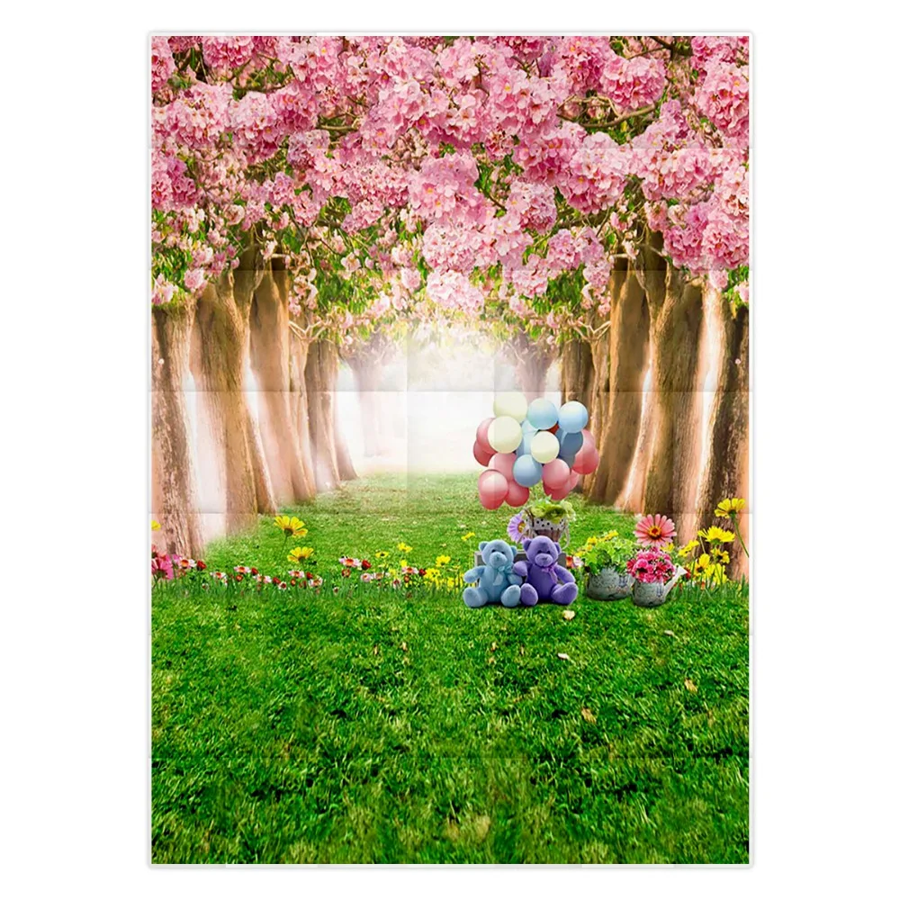 Allenjoy-telón de fondo fotográfico para niños y niñas, accesorios de decoración de primavera y Pascua, globo de oso, hierba, flor, árbol, pancarta Digital