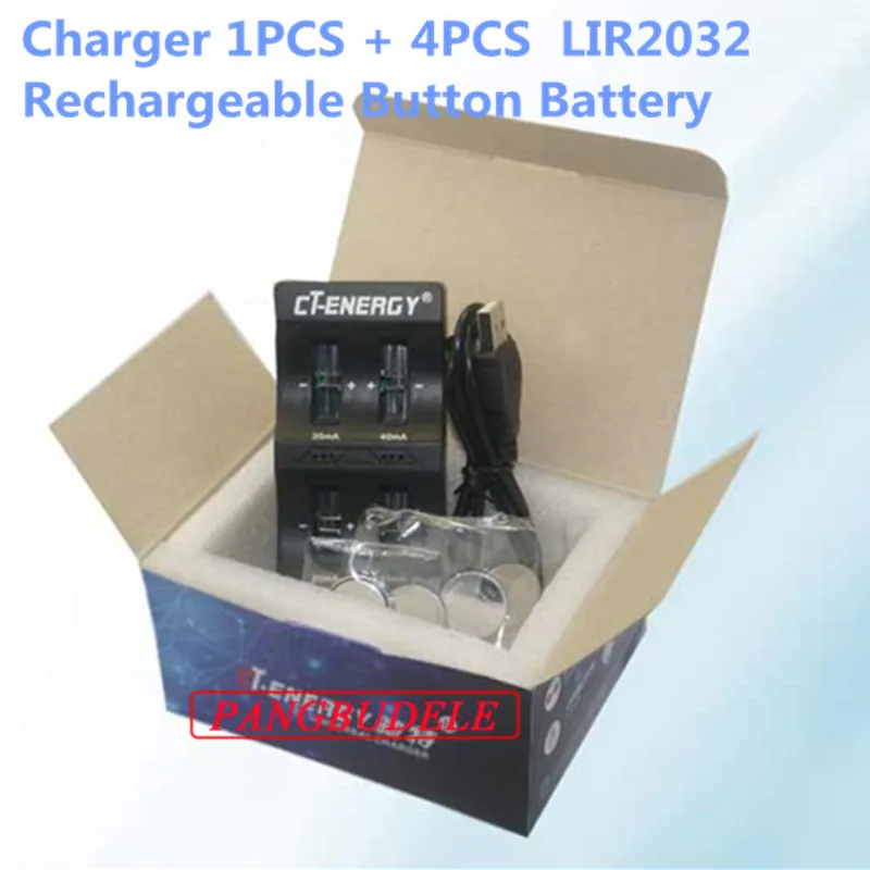 고품질 범용 USB 인터페이스 4 슬롯 충전기, 1 개 + 4 개 충전식 버튼 배터리, LIR2032 버튼 배터리