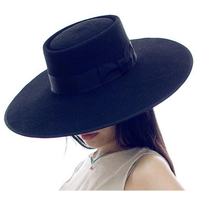 LIHUA 100% wool peaked cap Women Like 12cm Large Brim Europe Style Party Hat latest Fashion Flat Top  Bowler Hat