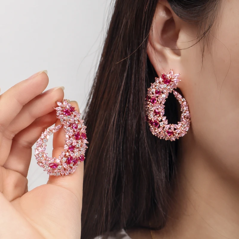 CWWZircons Rose Gold Plated Luxury Popular Geometry Flower Red Cubic Zirconia Big Wedding Earring Fashion Famous Jewelry CZ415