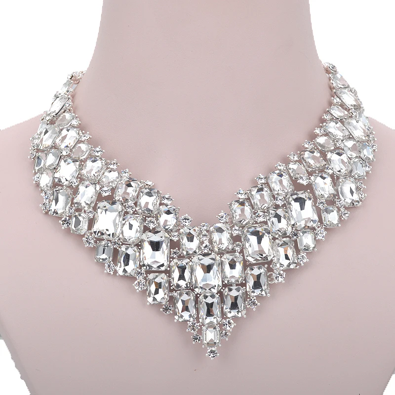 Luxurious Dubai Style Wedding Jewelry Sets Rhinestone Crystal Bridal Silver Color Necklace Earrings Sets Women Party Jewelry