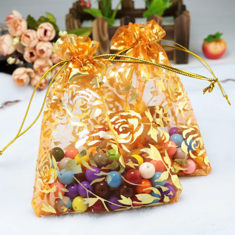 100pcs 13x18cm Rose Flower Organza gift bags Orange Color Drawable Organza Bags Wedding Christmas Gift Bags free shipping