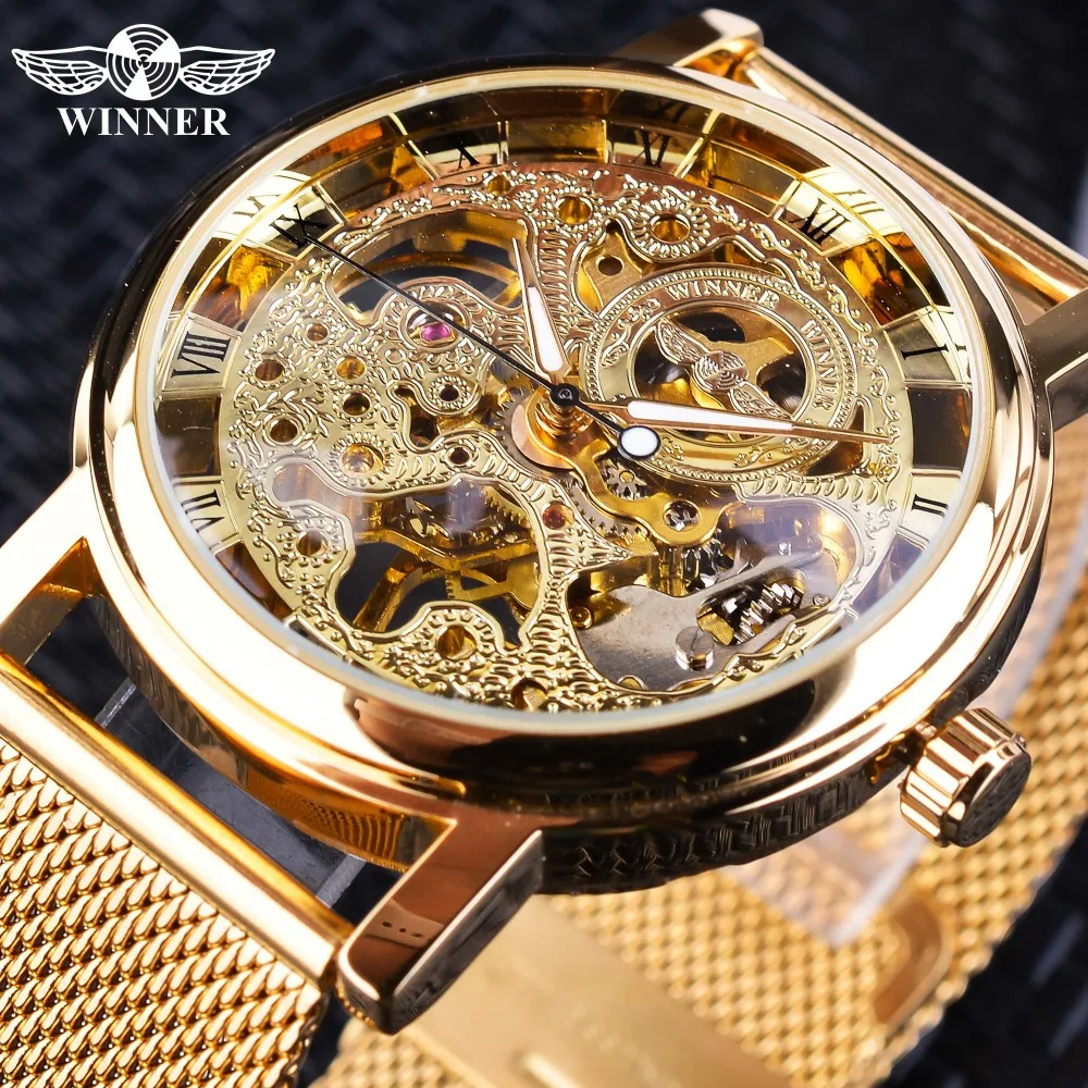 

Winner Thin Case Full Golden Design Retro Openwork Clock Mesh Band Men's Mechanical Watches Top Brand Luxury Luminous Hands