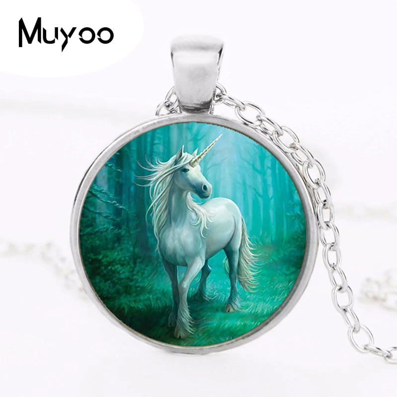 Wholesale Unicorn Necklace Unicorn Horse Pendant Woman Jewelry Art Glass Cabochon Round Plated Chain Fahsion Accessories HZ1